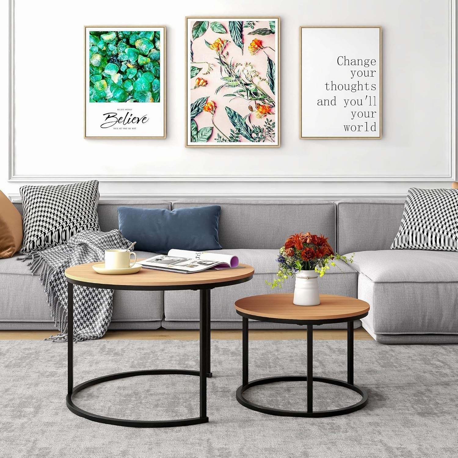 Industrial Round Nesting Coffee Table Set of 2, Sturdy Metal Frame & Wood Top - Kwikley
