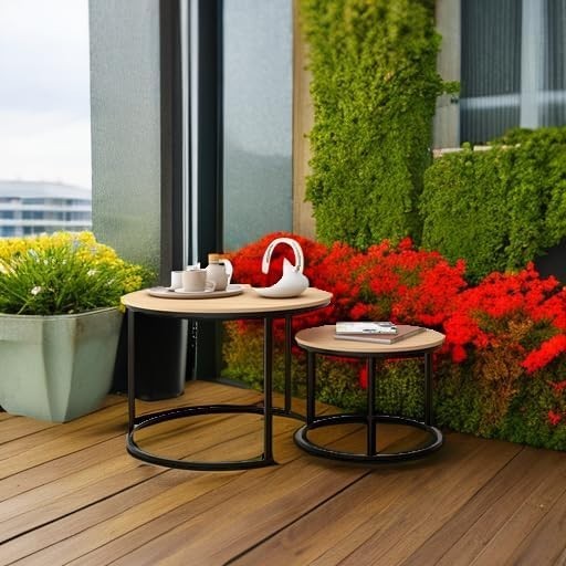 Industrial Round Nesting Coffee Table Set of 2, Sturdy Metal Frame & Wood Top - Kwikley