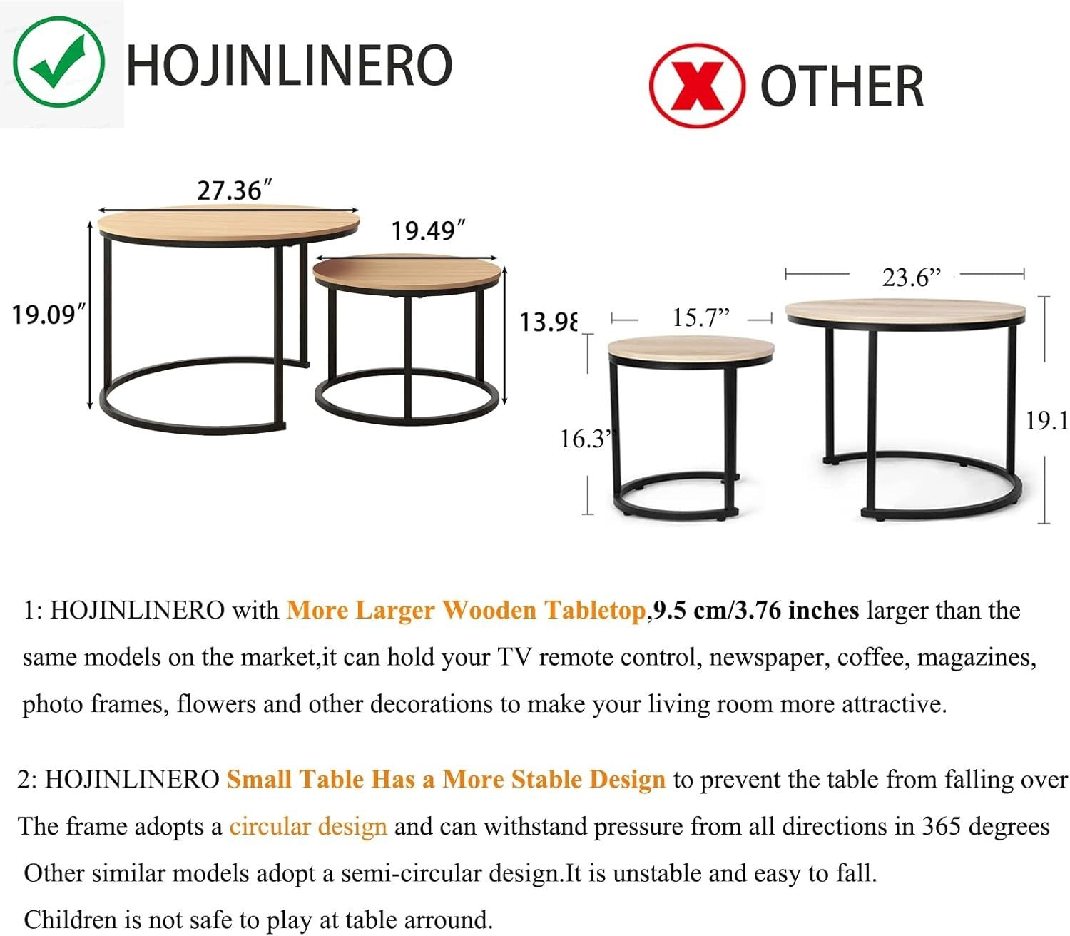 Industrial Round Nesting Coffee Table Set of 2, Sturdy Metal Frame & Wood Top - Kwikley