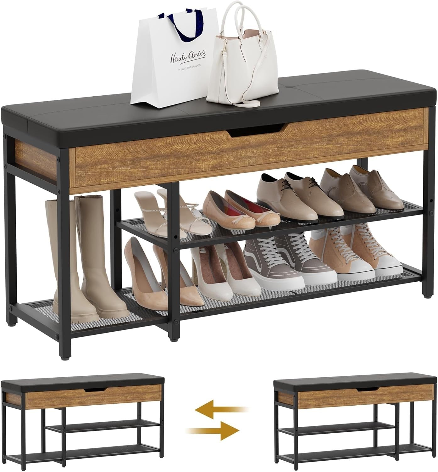 Industrial Shoe Bench with Storage & Adjustable Rack | Entryway Seat - Kwikley