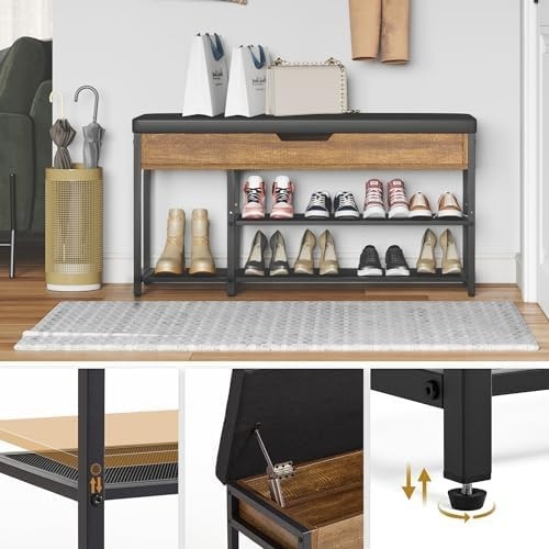 Industrial Shoe Bench with Storage & Adjustable Rack | Entryway Seat - Kwikley