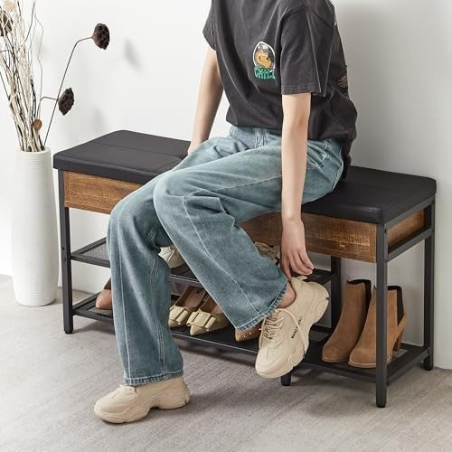 Industrial Shoe Bench with Storage & Adjustable Rack | Entryway Seat - Kwikley