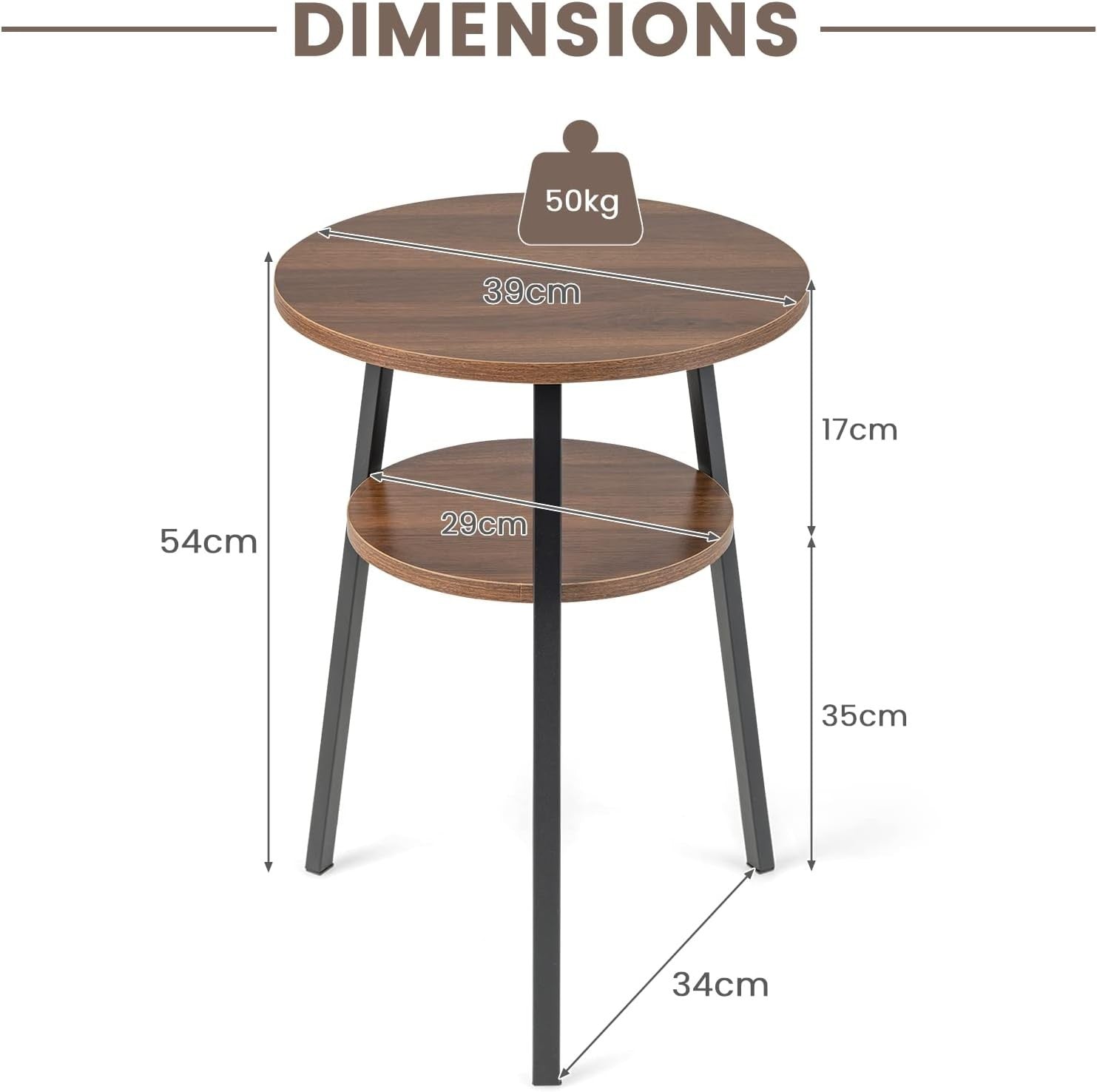 Industrial Side Table with Storage | 2 - Tier Round Nightstand Walnut - Kwikley