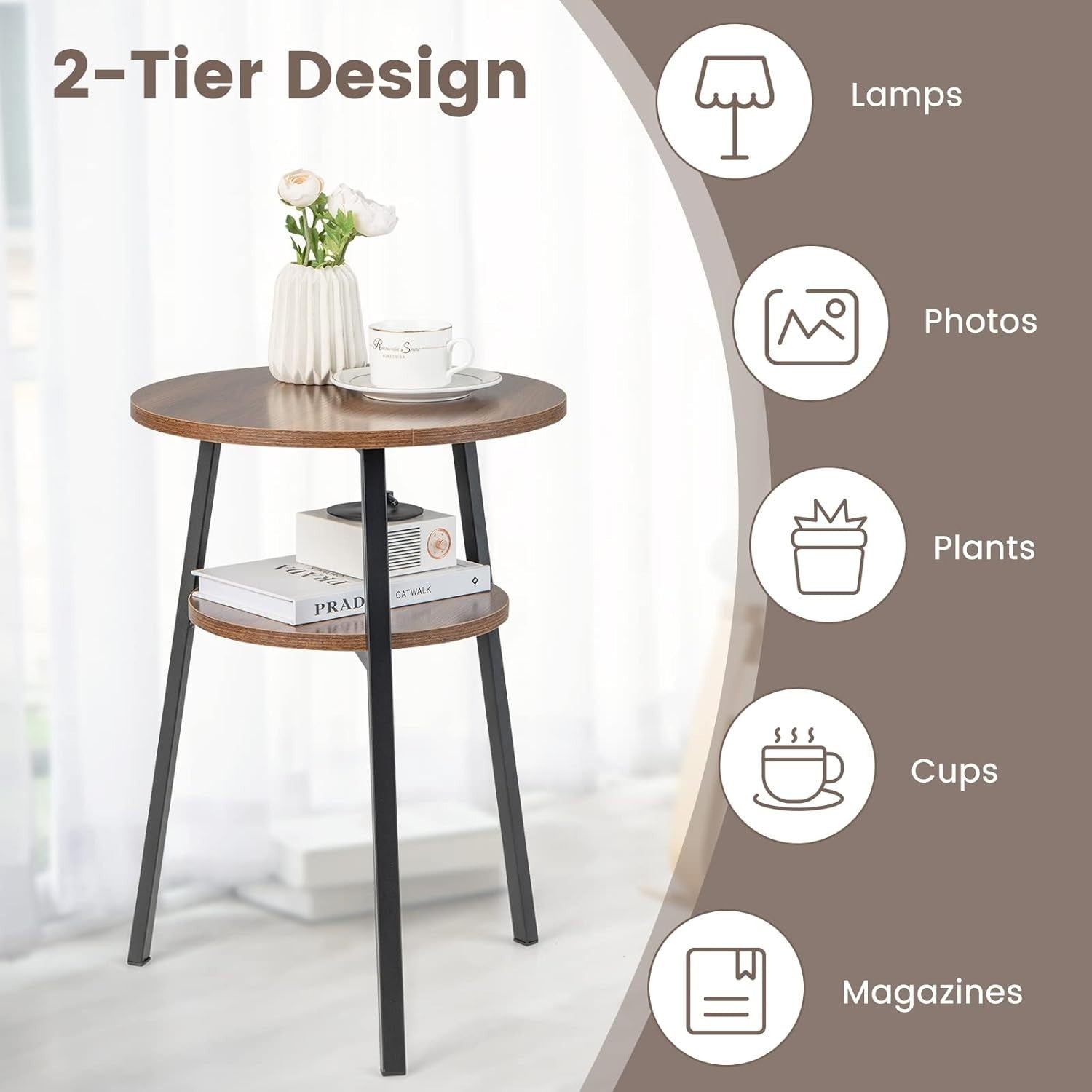 Industrial Side Table with Storage | 2 - Tier Round Nightstand Walnut - Kwikley