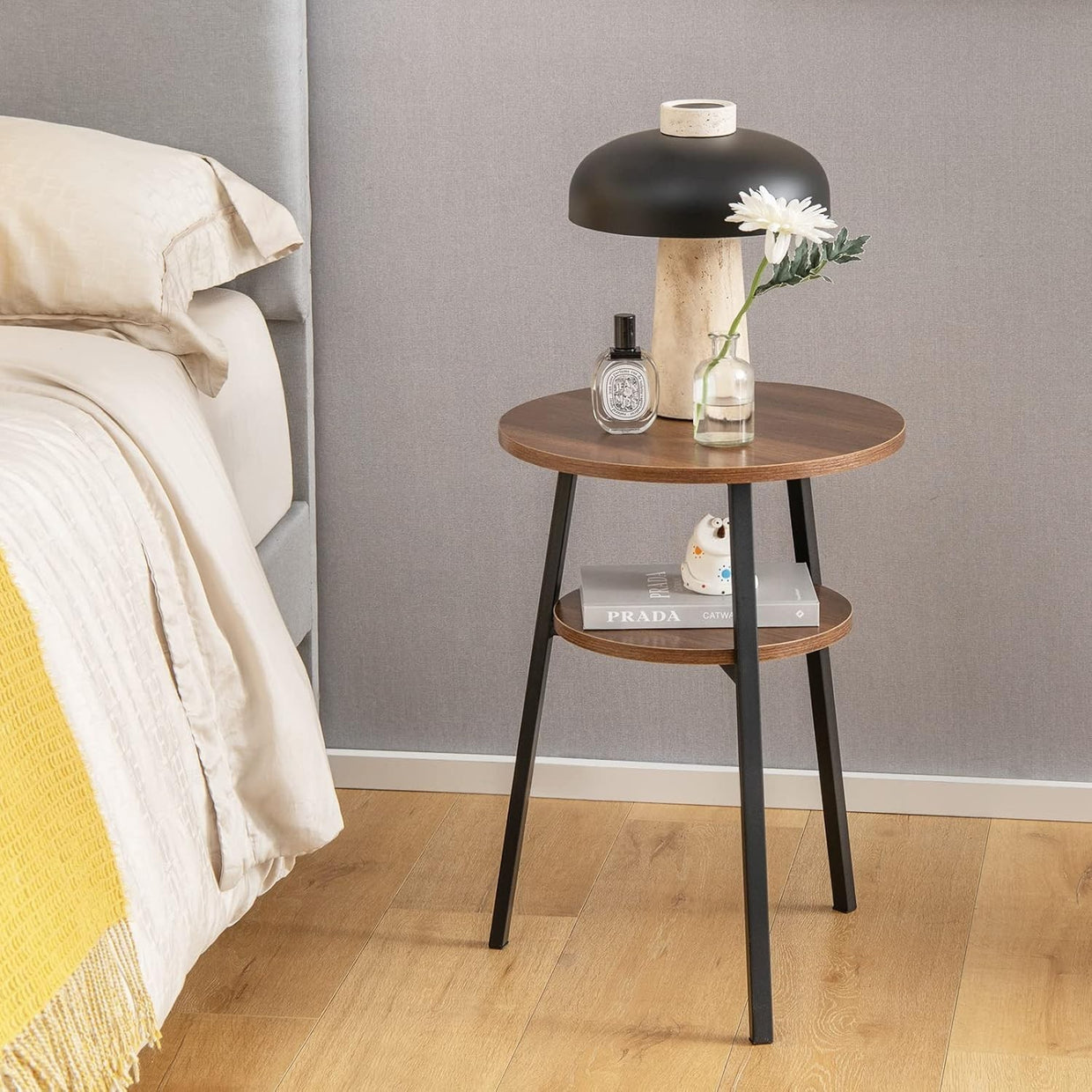 Industrial Side Table with Storage | 2 - Tier Round Nightstand Walnut - Kwikley