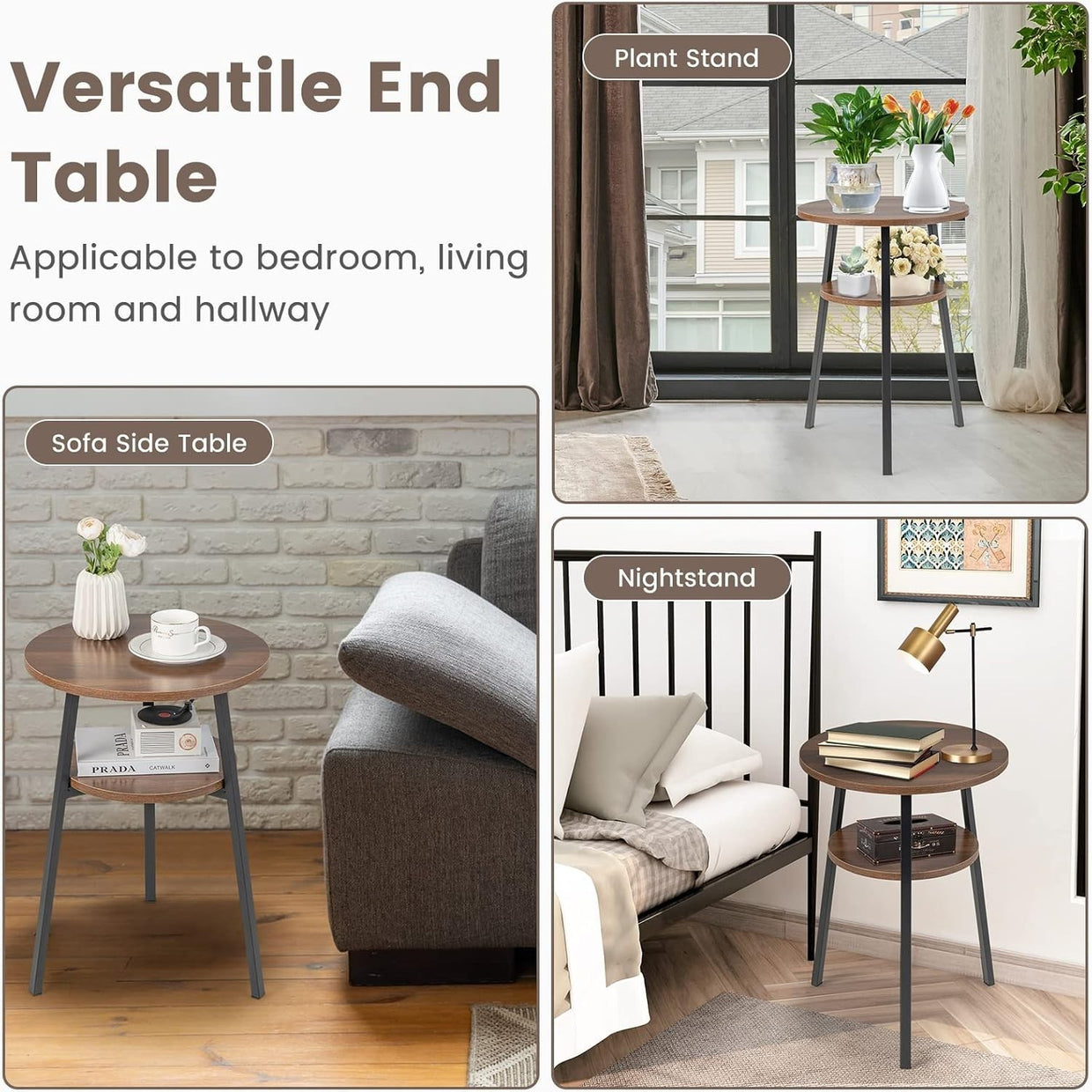 Industrial Side Table with Storage | 2 - Tier Round Nightstand Walnut - Kwikley