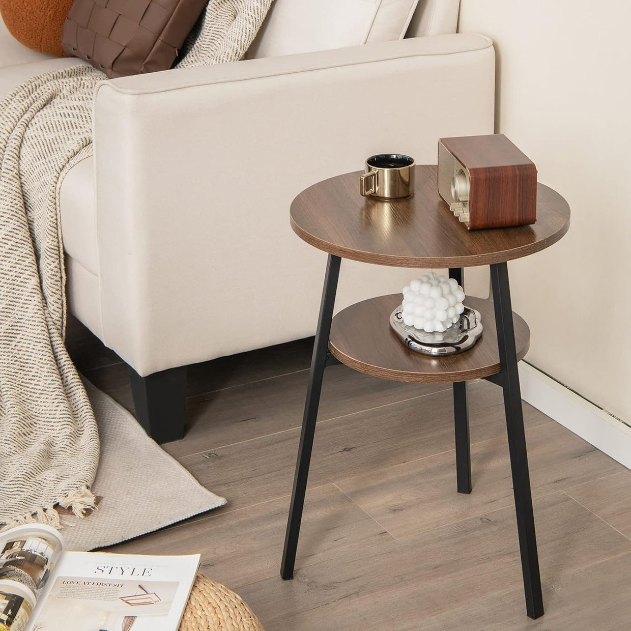 Industrial Side Table with Storage | 2 - Tier Round Nightstand Walnut - Kwikley