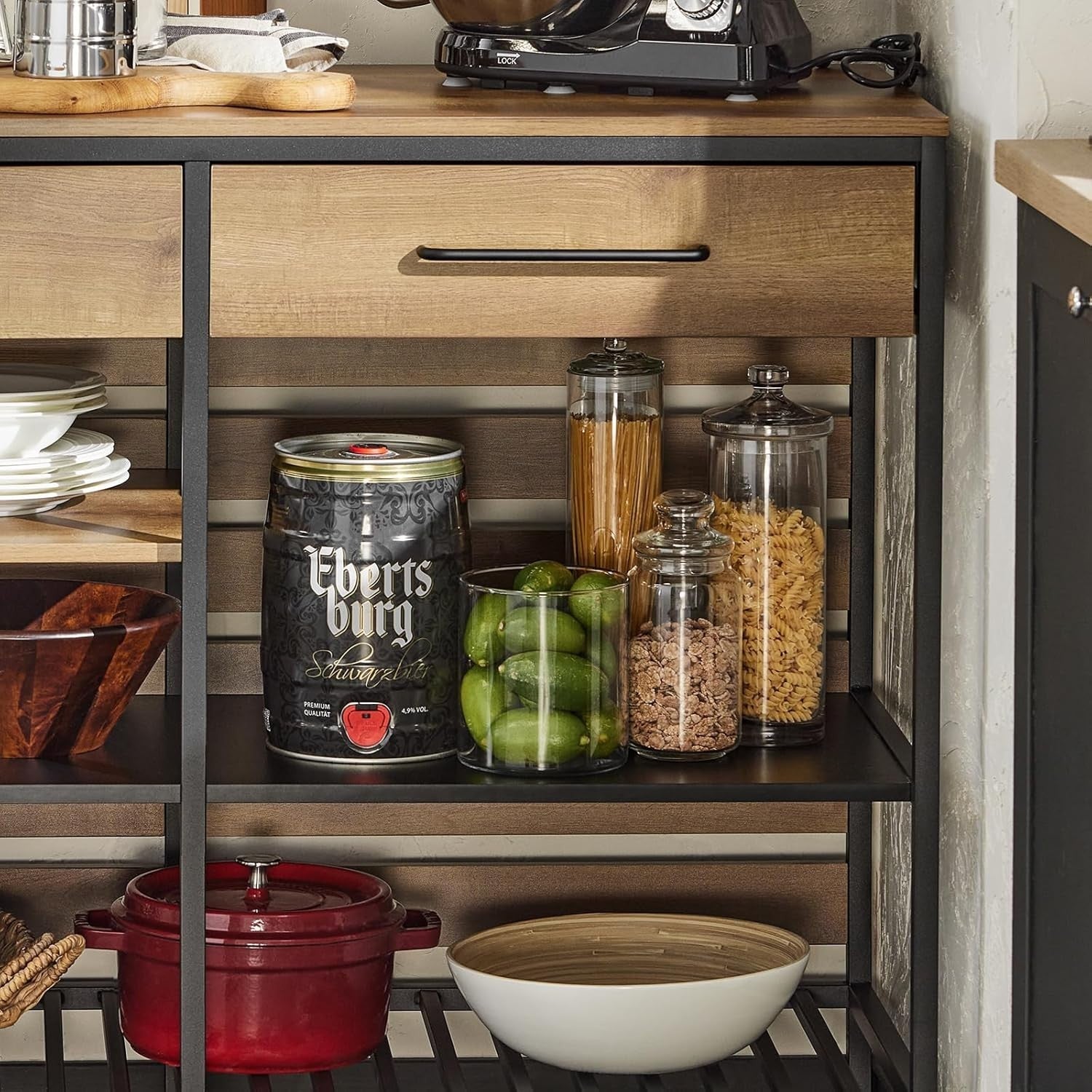 Industrial Sideboard Cabinet with Drawers & Wine Rack, Kitchen Storage 120cm - Kwikley