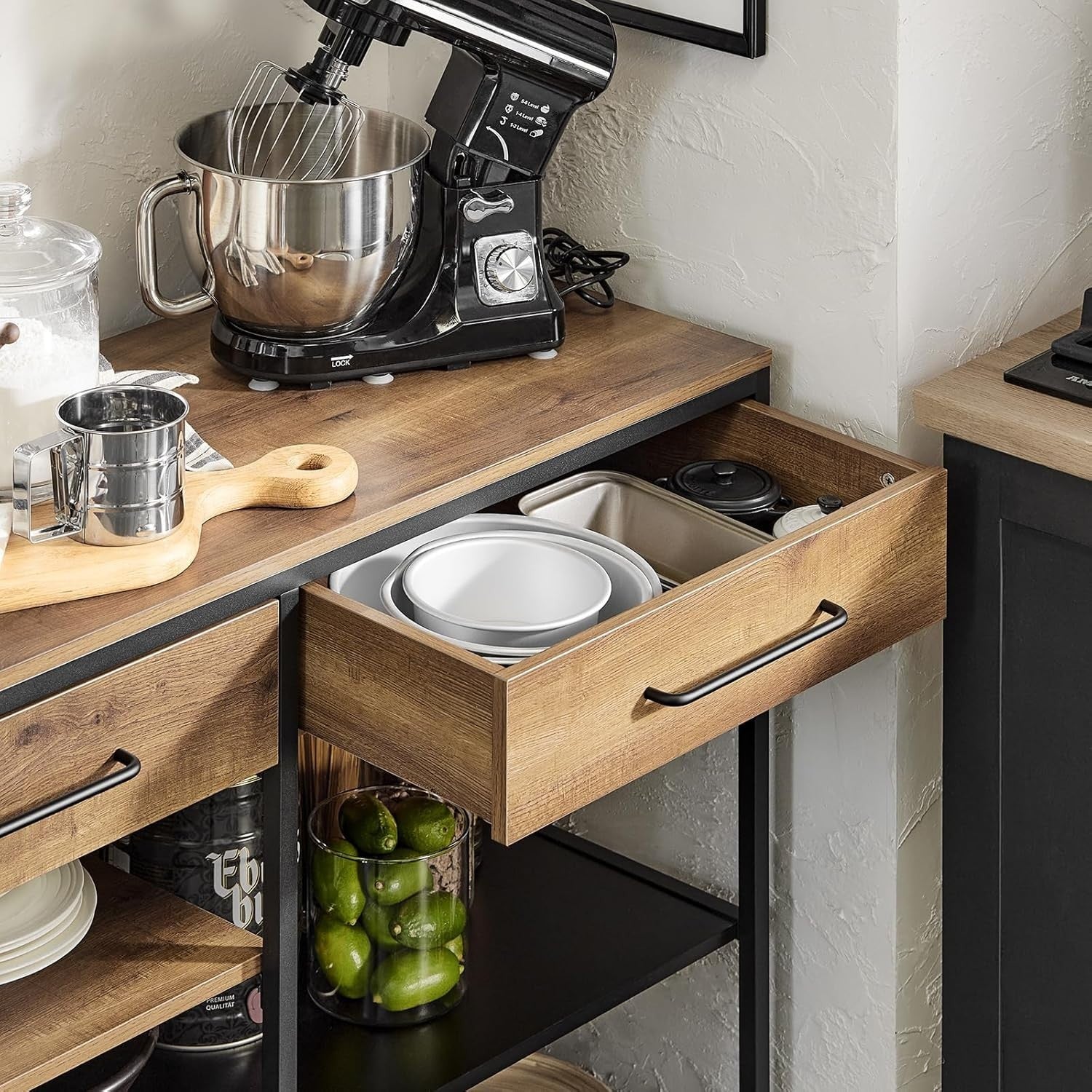 Industrial Sideboard Cabinet with Drawers & Wine Rack, Kitchen Storage 120cm - Kwikley