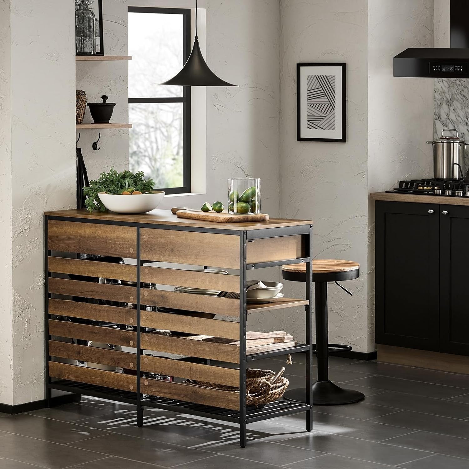 Industrial Sideboard Cabinet with Drawers & Wine Rack, Kitchen Storage 120cm - Kwikley