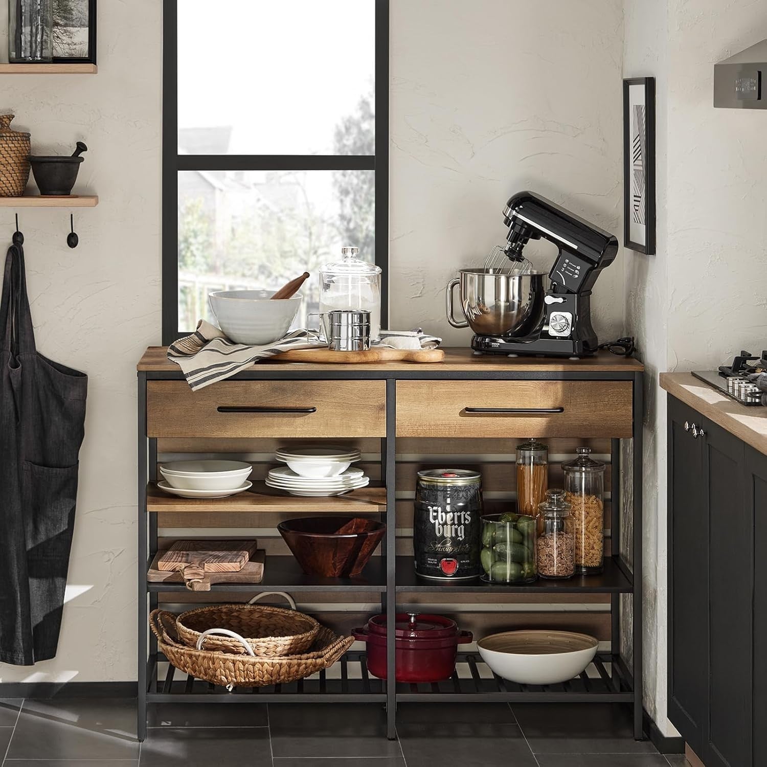 Industrial Sideboard Cabinet with Drawers & Wine Rack, Kitchen Storage 120cm - Kwikley