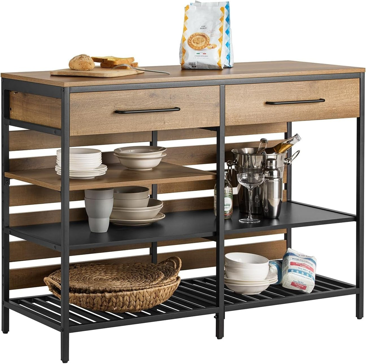 Industrial Sideboard Cabinet with Drawers & Wine Rack, Kitchen Storage 120cm - Kwikley