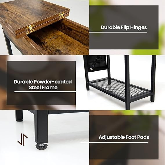 Industrial Slim Side Table with Charging Station, Flip Top Storage Shelf, Narrow - Kwikley