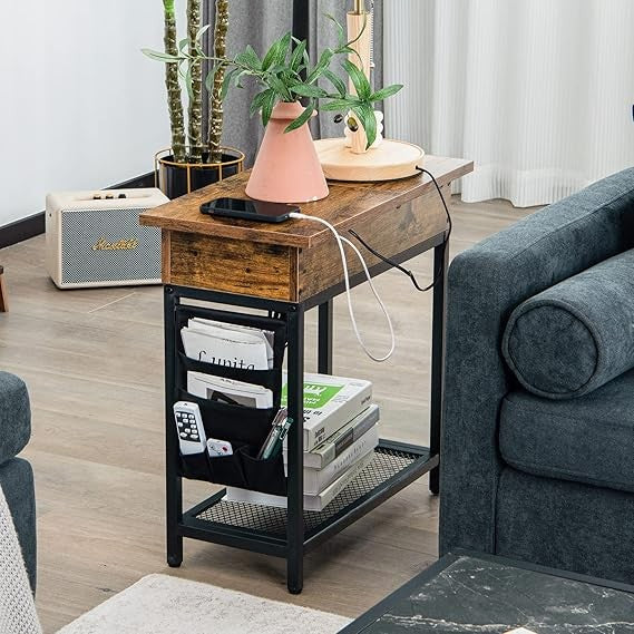 Industrial Slim Side Table with Charging Station, Flip Top Storage Shelf, Narrow - Kwikley