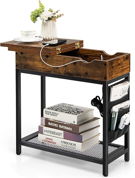 Industrial Slim Side Table with Charging Station, Flip Top Storage Shelf, Narrow - Kwikley