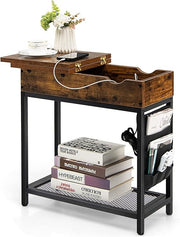Industrial Slim Side Table with Charging Station, Flip Top Storage Shelf, Narrow - Kwikley