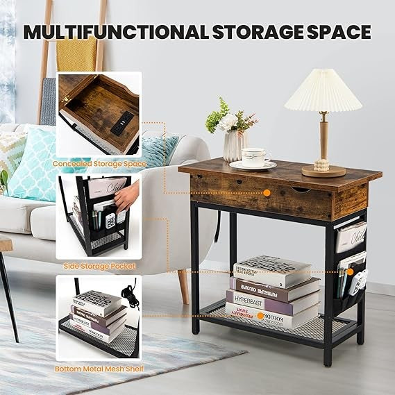 Industrial Slim Side Table with Charging Station, Flip Top Storage Shelf, Narrow - Kwikley