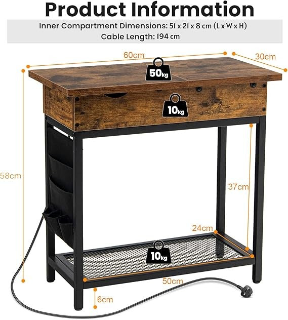 Industrial Slim Side Table with Charging Station, Flip Top Storage Shelf, Narrow - Kwikley