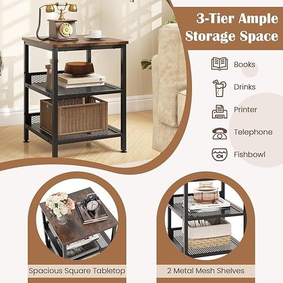 Industrial Sofa Side Table, 3 - Tier Wooden Nightstand Bedside End Table w - Kwikley