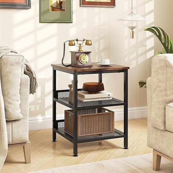 Industrial Sofa Side Table, 3 - Tier Wooden Nightstand Bedside End Table w - Kwikley
