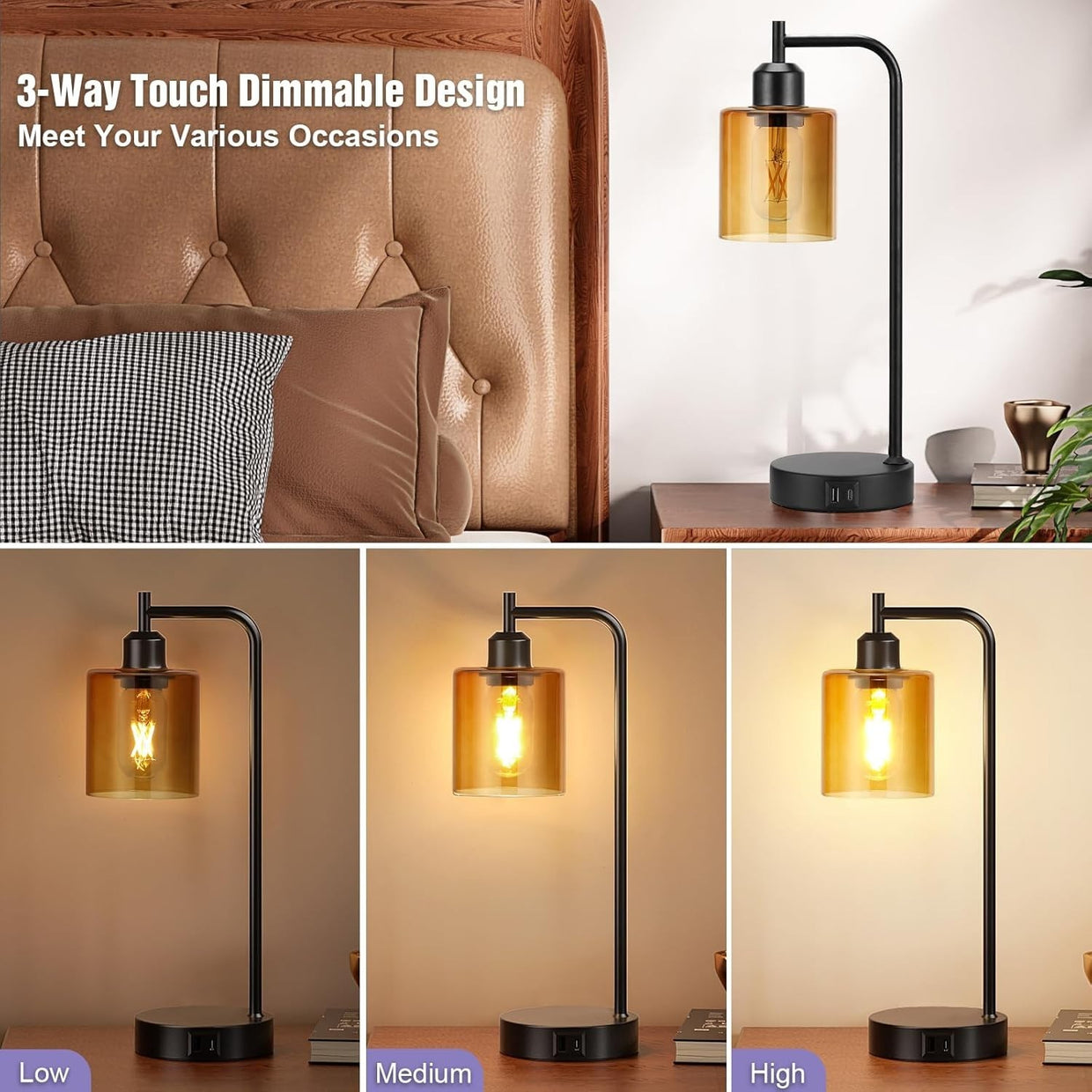 Industrial Touch Table Lamps Set of 2 Amber Glass USB Dimmable with Bulbs - Kwikley