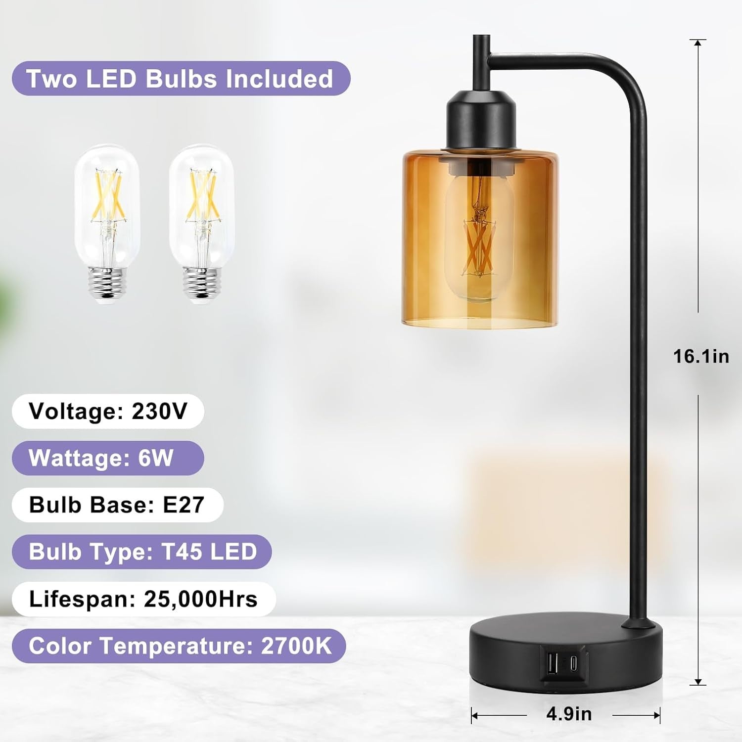 Industrial Touch Table Lamps Set of 2 Amber Glass USB Dimmable with Bulbs - Kwikley