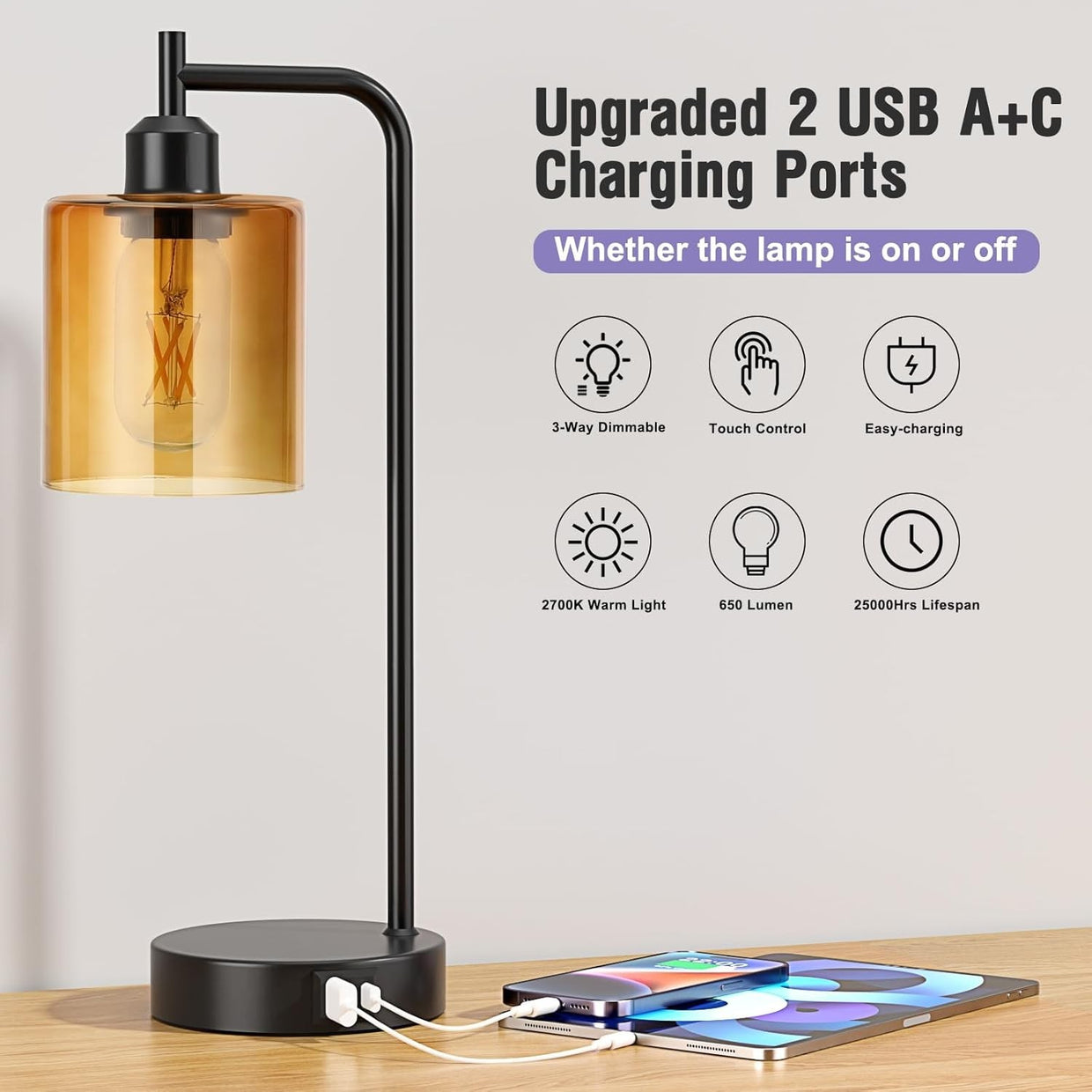 Industrial Touch Table Lamps Set of 2 Amber Glass USB Dimmable with Bulbs - Kwikley