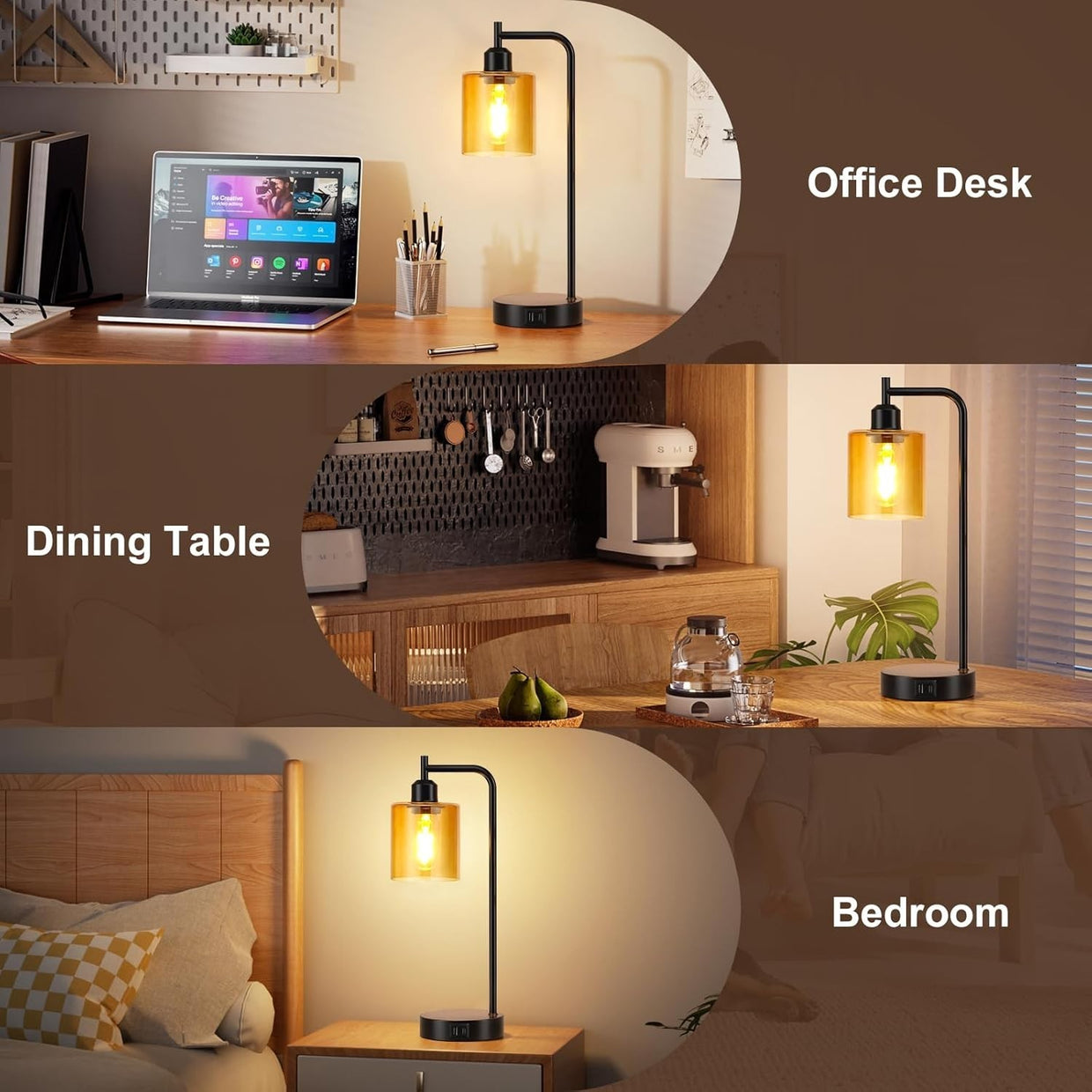 Industrial Touch Table Lamps Set of 2 Amber Glass USB Dimmable with Bulbs - Kwikley