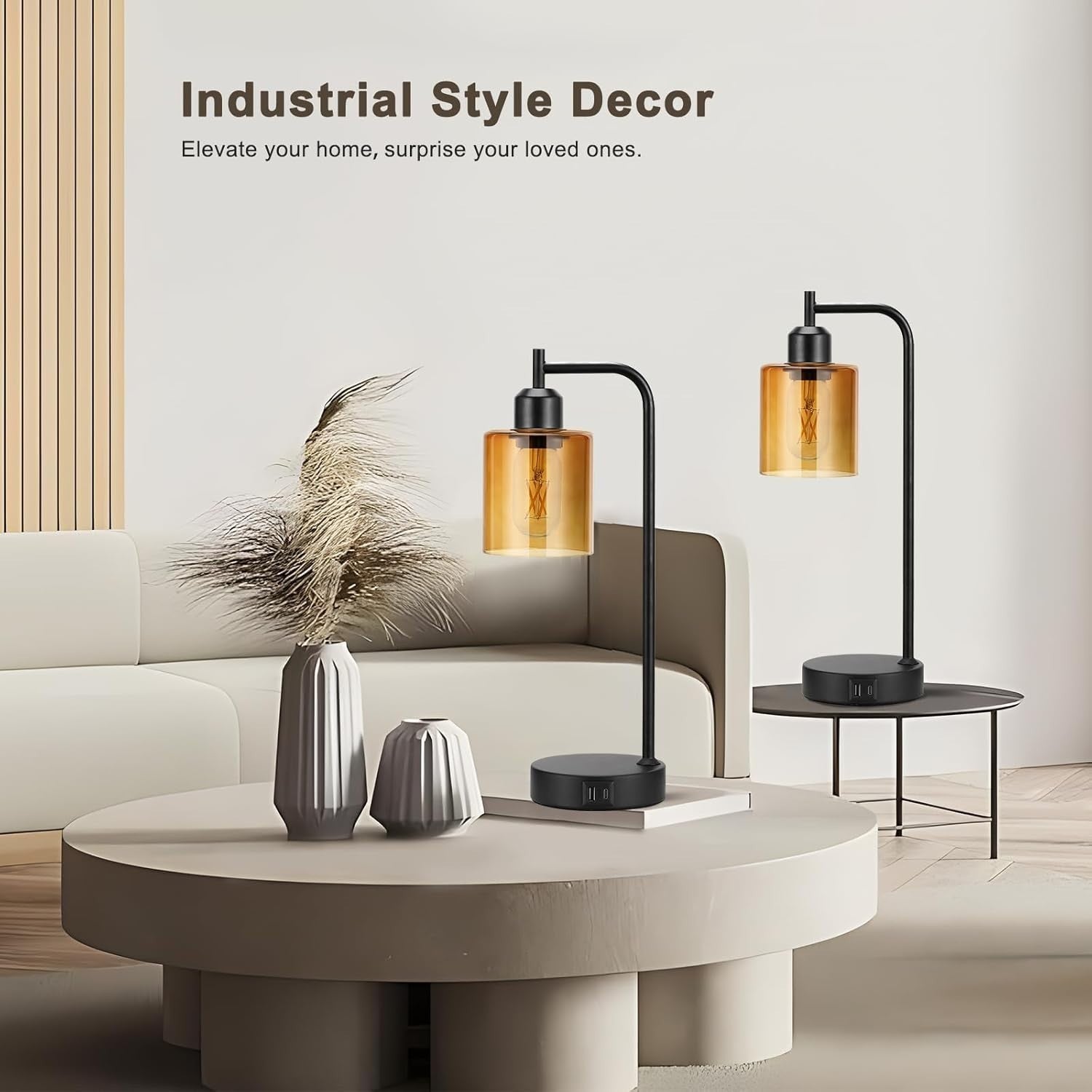 Industrial Touch Table Lamps Set of 2 Amber Glass USB Dimmable with Bulbs - Kwikley