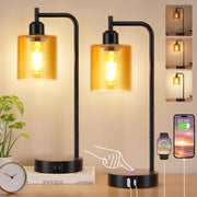 Industrial Touch Table Lamps Set of 2 Amber Glass USB Dimmable with Bulbs - Kwikley