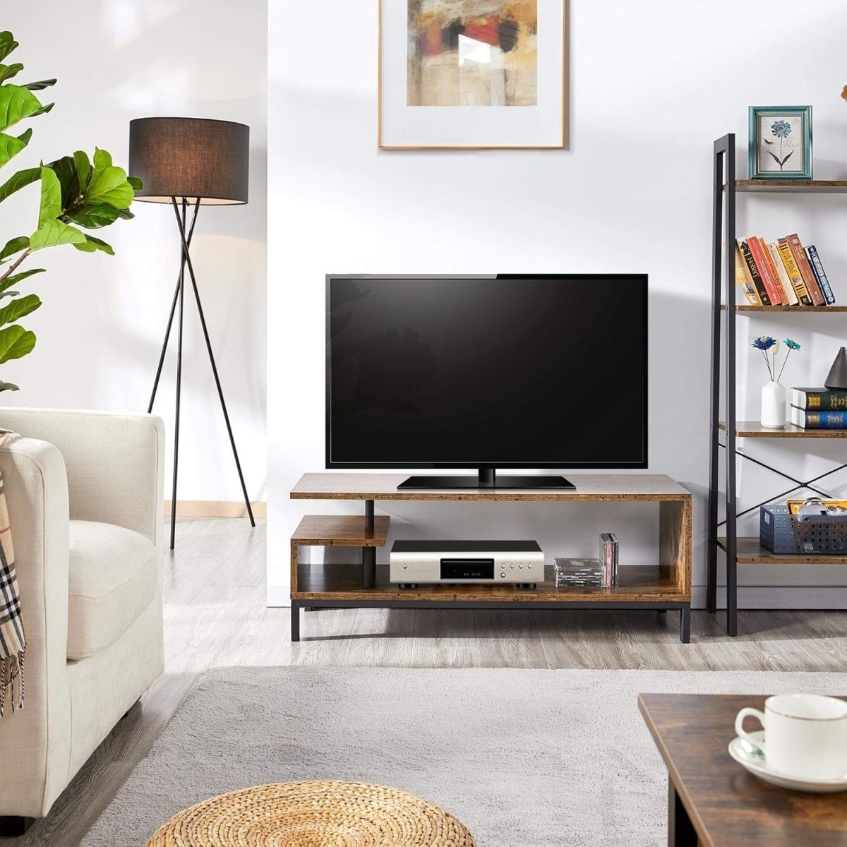 Industrial TV Stand with Open Storage Shelf & Steel Frame, 106cm Rustic - Kwikley