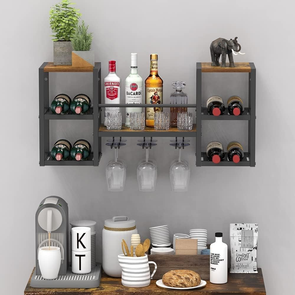 Industrial Wall Mounted Wine Rack with Glass Holder | Bottle & Stemware Storage - Kwikley
