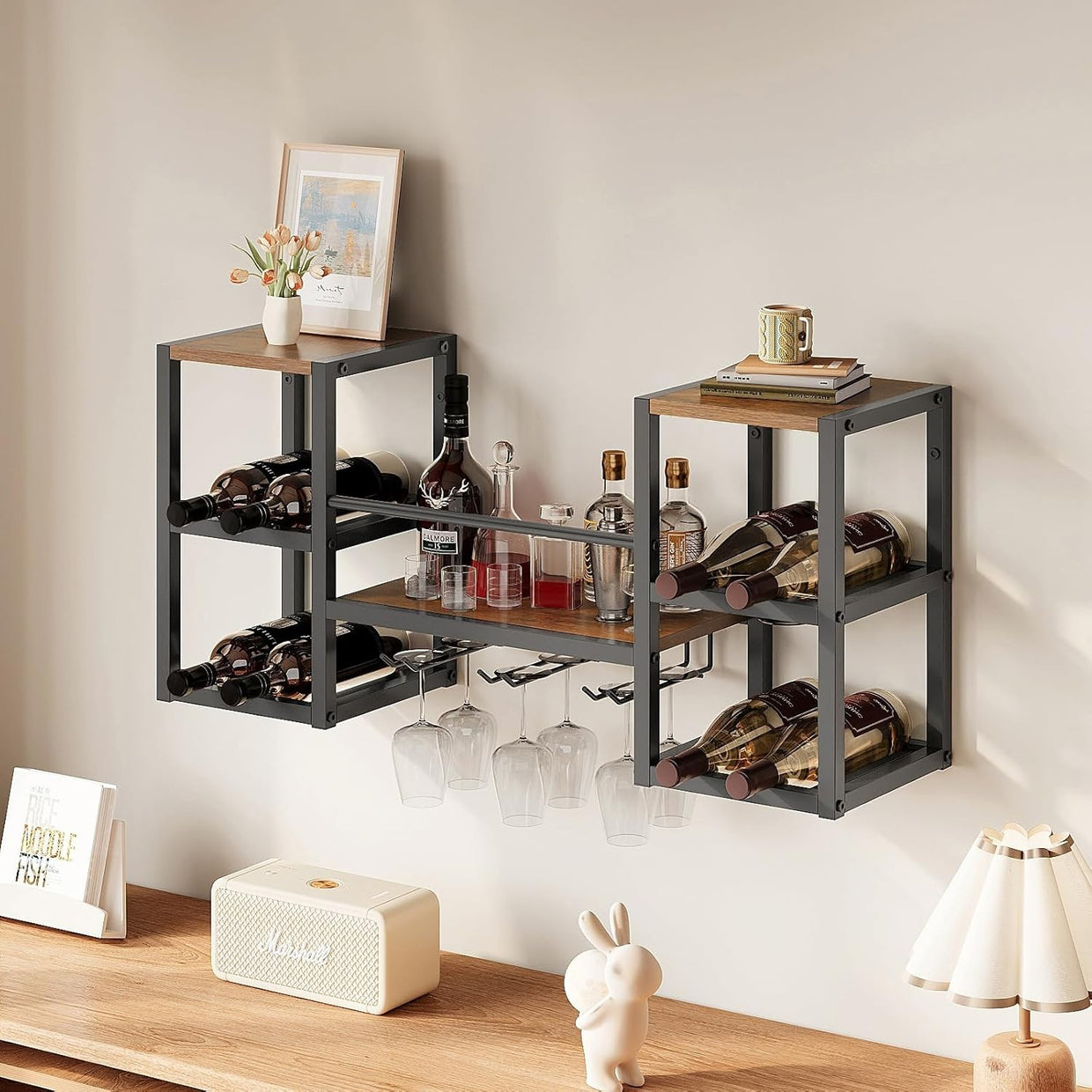 Industrial Wall Mounted Wine Rack with Glass Holder | Bottle & Stemware Storage - Kwikley