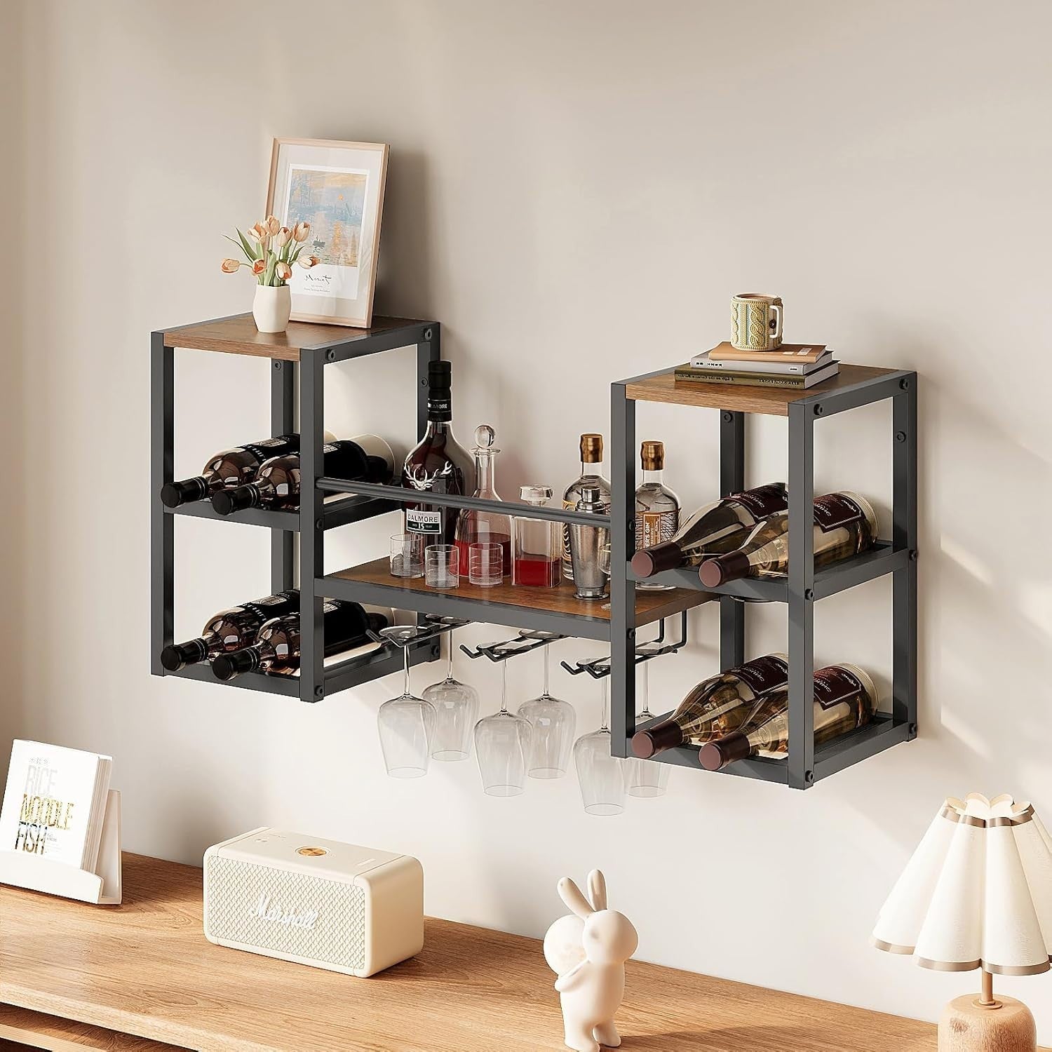 Industrial Wall Mounted Wine Rack with Glass Holder | Bottle & Stemware Storage - Kwikley