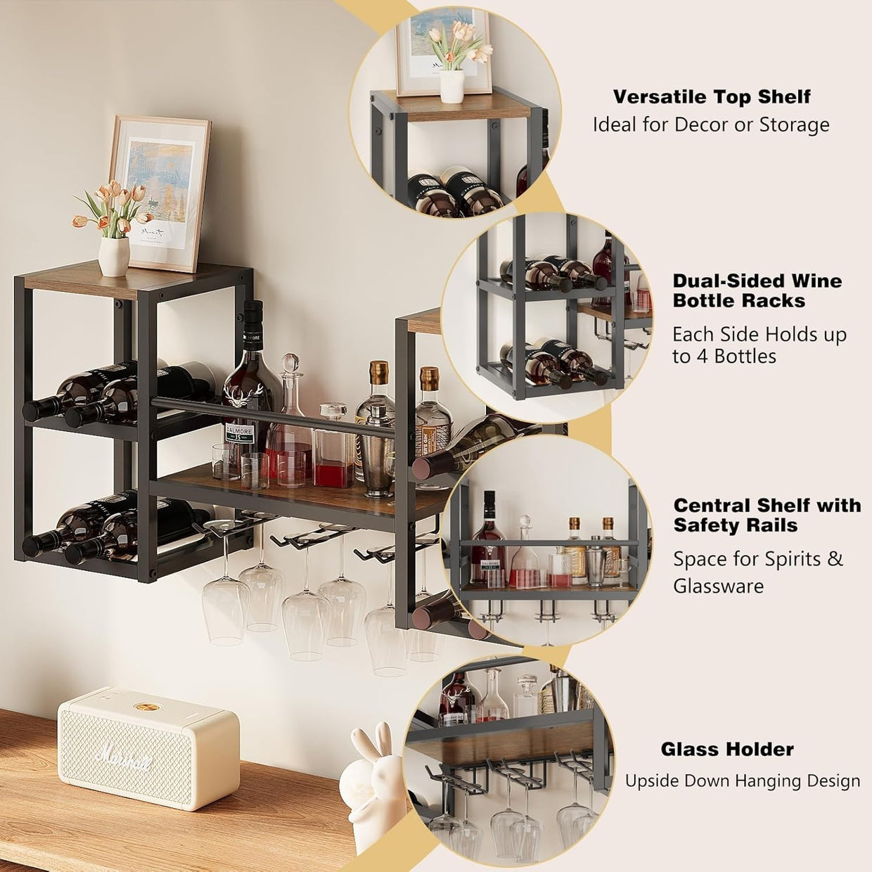 Industrial Wall Mounted Wine Rack with Glass Holder | Bottle & Stemware Storage - Kwikley