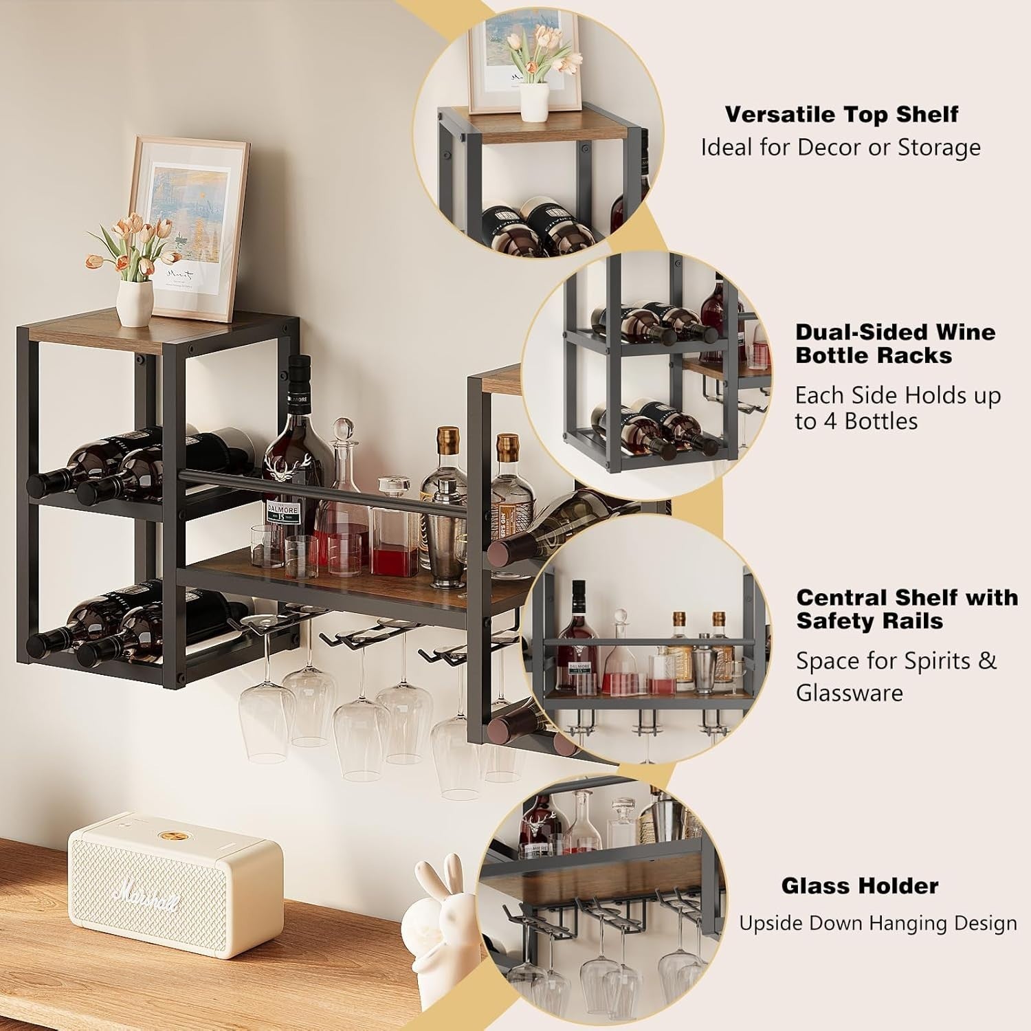 Industrial Wall Mounted Wine Rack with Glass Holder | Bottle & Stemware Storage - Kwikley