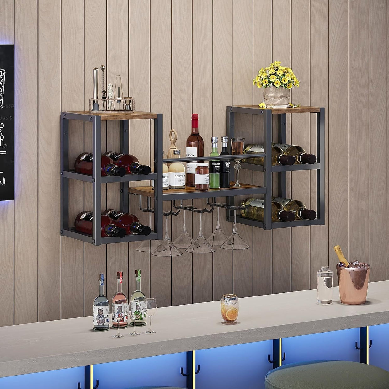 Industrial Wall Mounted Wine Rack with Glass Holder | Bottle & Stemware Storage - Kwikley