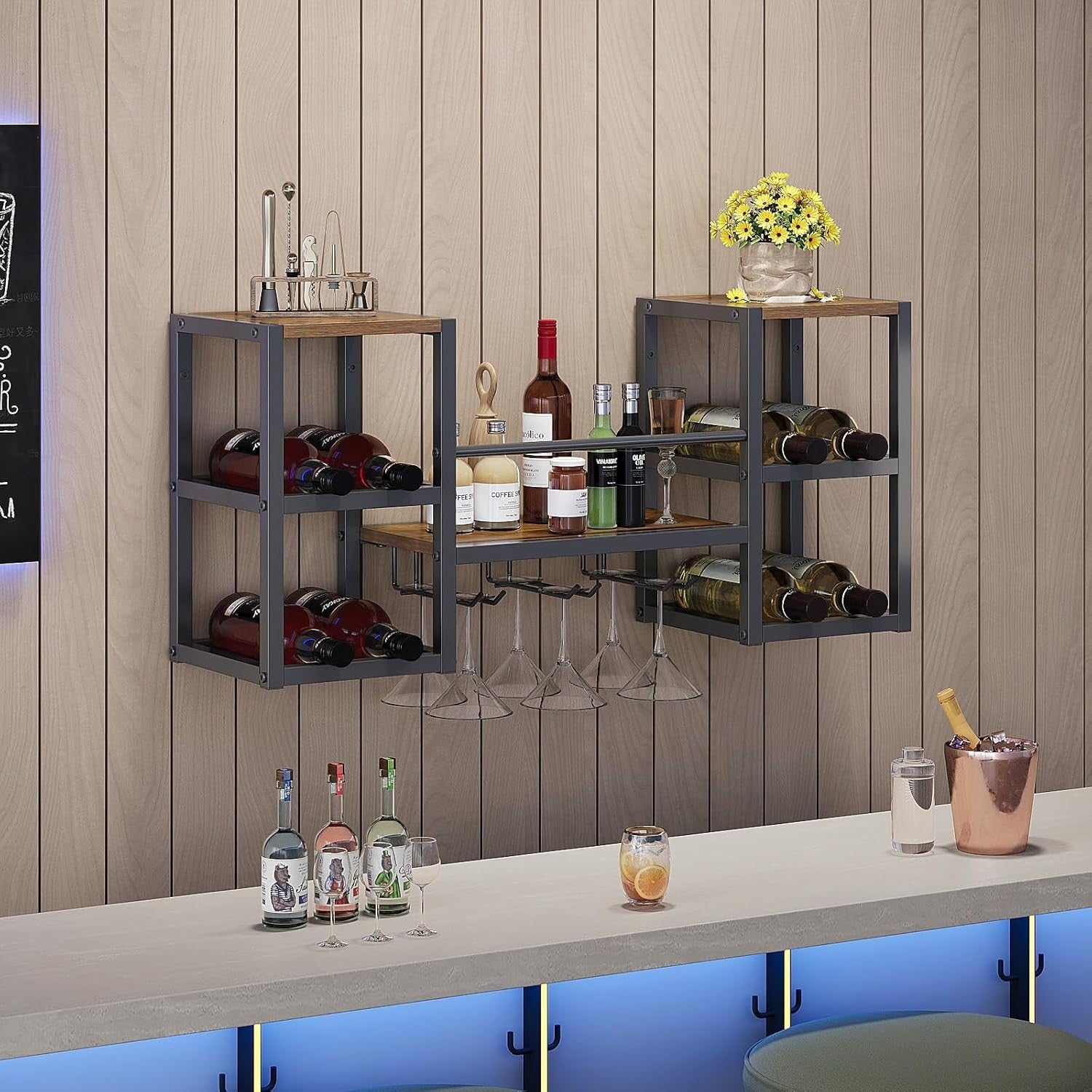 Industrial Wall Mounted Wine Rack with Glass Holder | Bottle & Stemware Storage - Kwikley