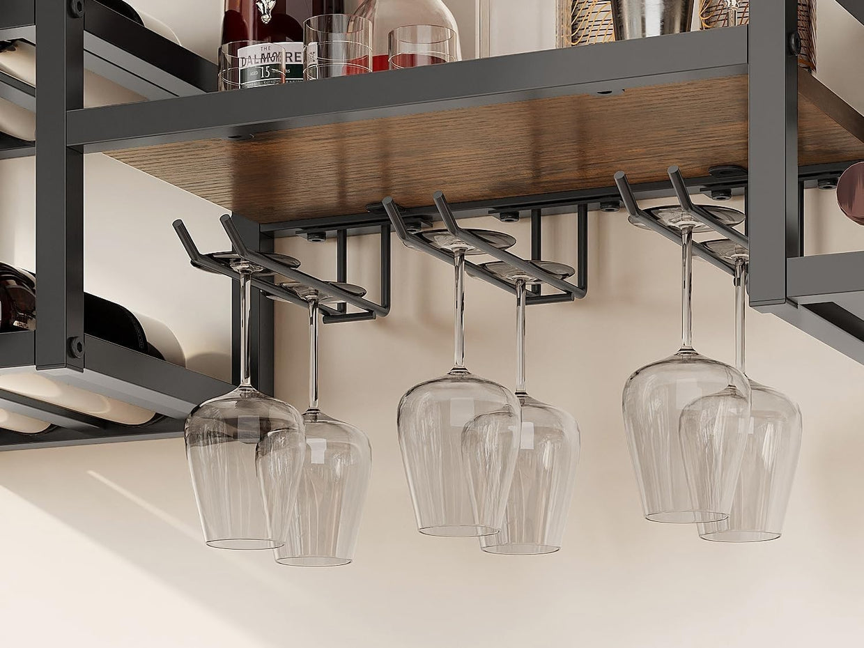 Industrial Wall Mounted Wine Rack with Glass Holder | Bottle & Stemware Storage - Kwikley
