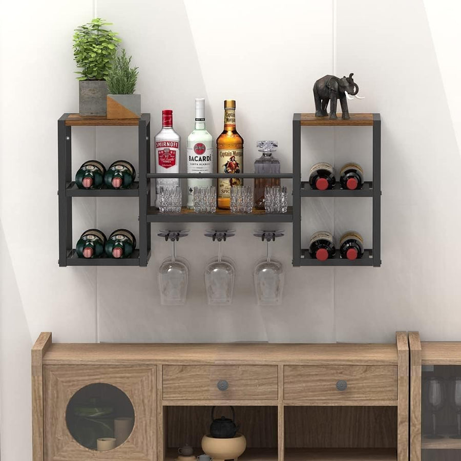 Industrial Wall Mounted Wine Rack with Glass Holder | Bottle & Stemware Storage - Kwikley