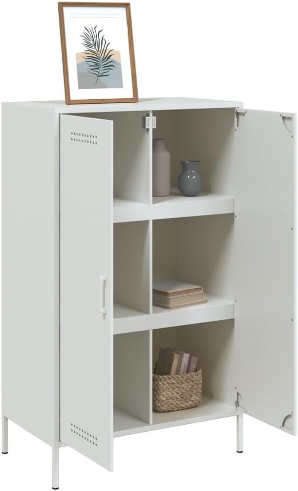 Industrial White Steel Highboard Cabinet with 6 Compartments 68x39x113cm - Kwikley