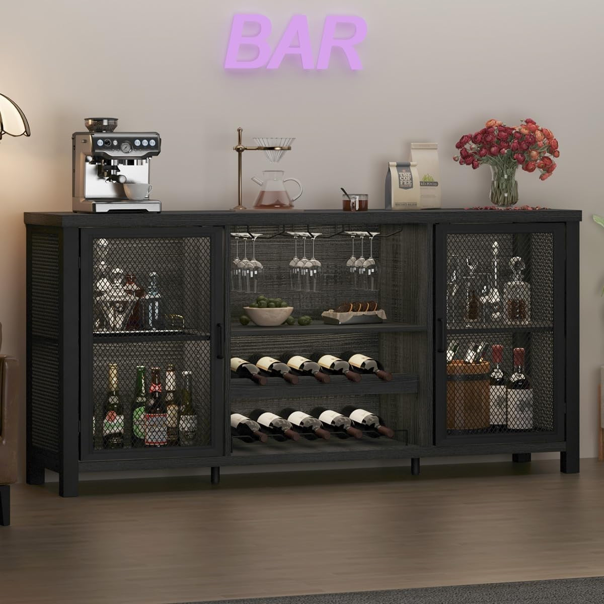 Industrial Wine Bar Cabinet Sideboard with Wine Rack Glass Storage 140cm - Kwikley
