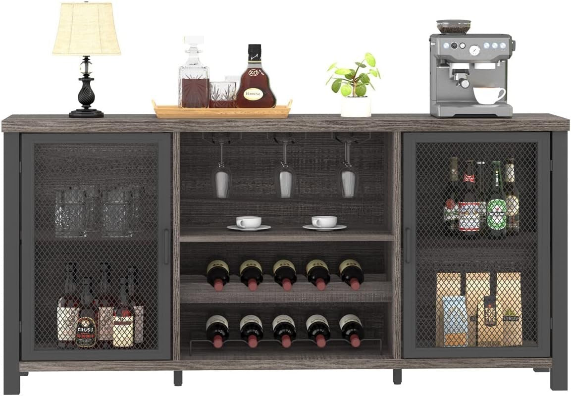 Industrial Wine Bar Cabinet Sideboard with Wine Rack Glass Storage 140cm - Kwikley