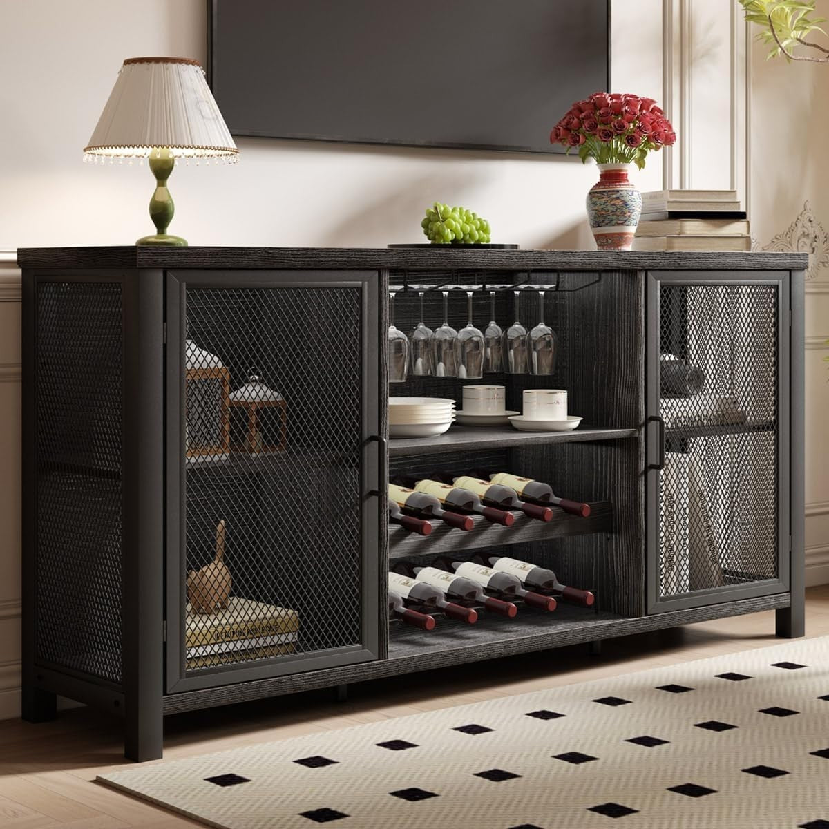 Industrial Wine Bar Cabinet Sideboard with Wine Rack Glass Storage 140cm - Kwikley
