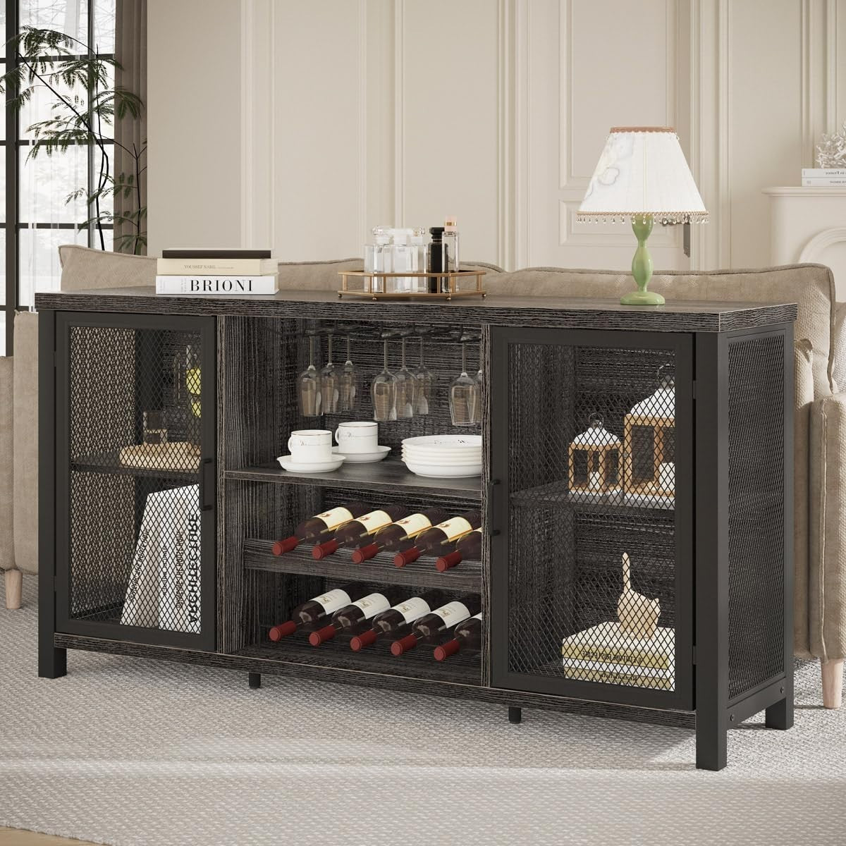 Industrial Wine Bar Cabinet Sideboard with Wine Rack Glass Storage 140cm - Kwikley