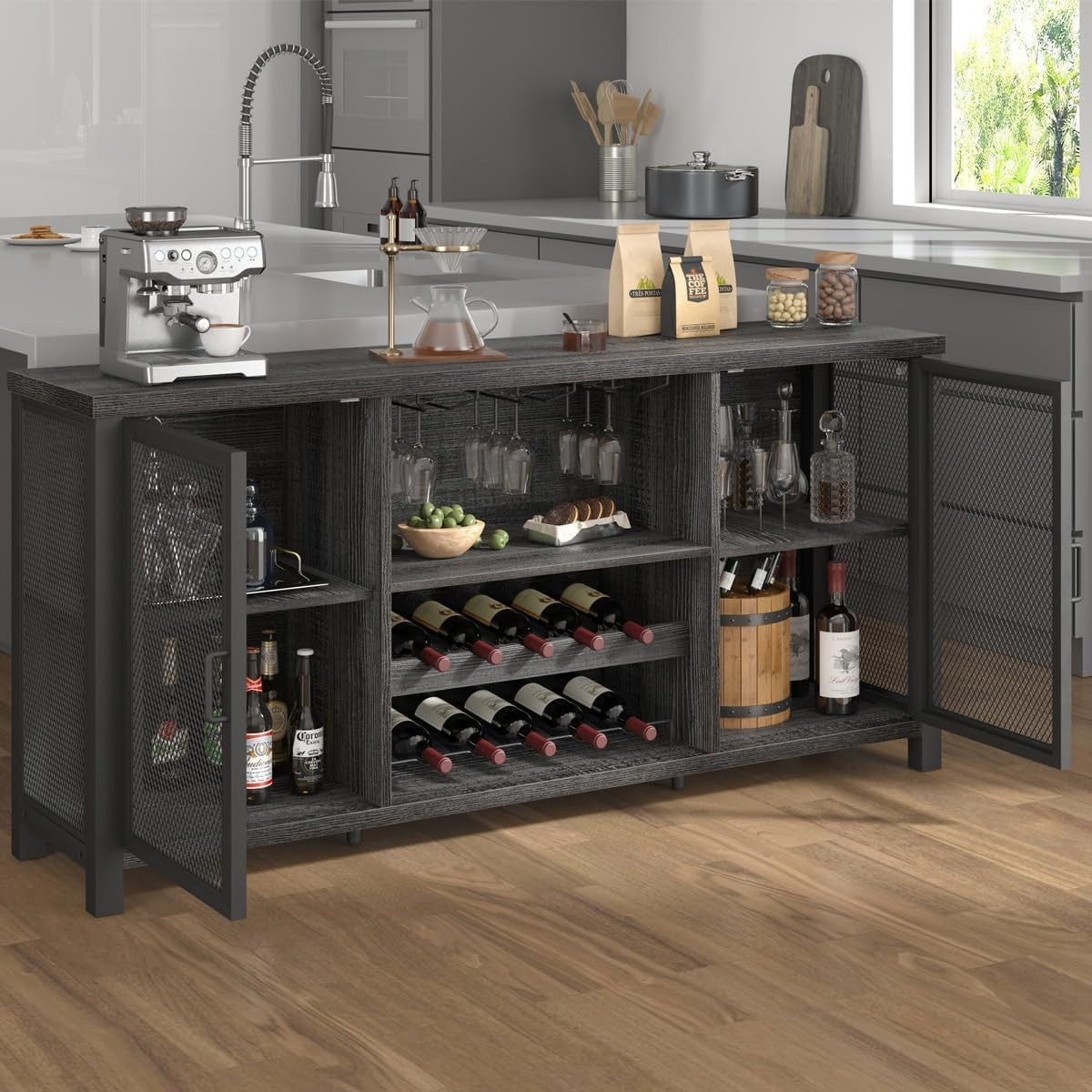 Industrial Wine Bar Cabinet Sideboard with Wine Rack Glass Storage 140cm - Kwikley