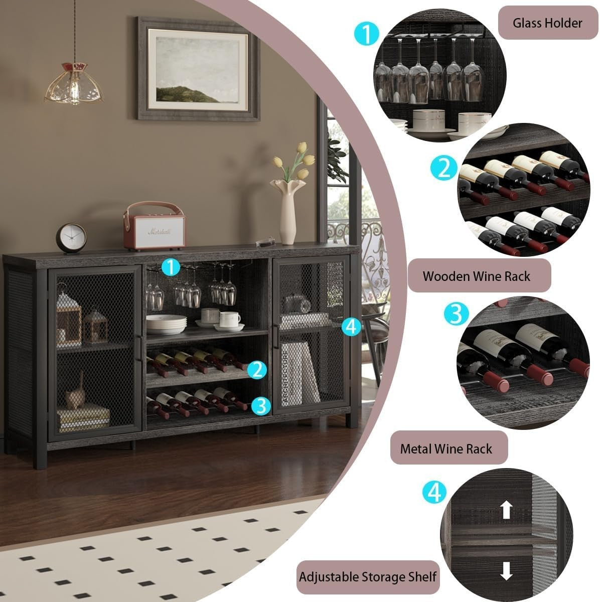 Industrial Wine Bar Cabinet Sideboard with Wine Rack Glass Storage 140cm - Kwikley
