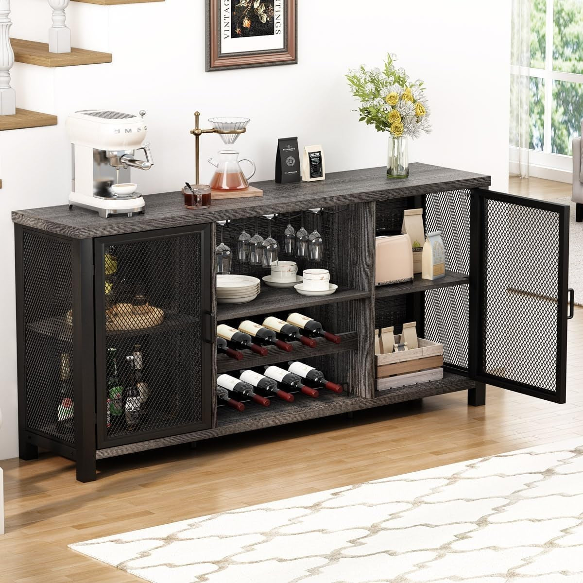 Industrial Wine Bar Cabinet Sideboard with Wine Rack Glass Storage 140cm - Kwikley
