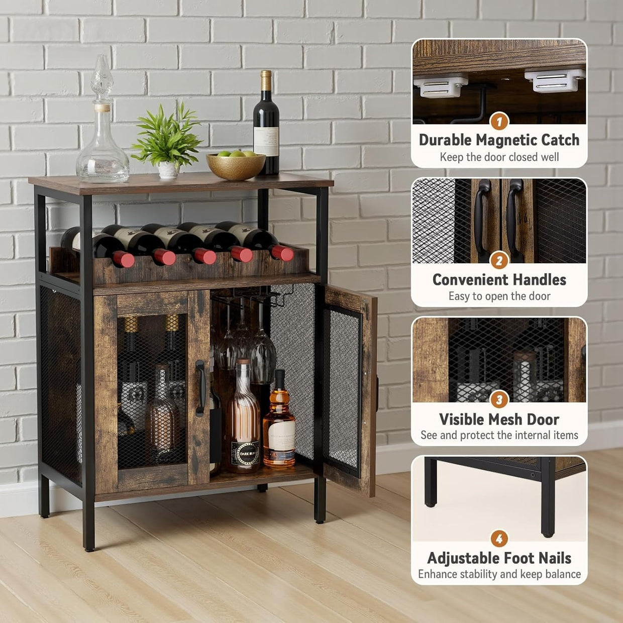 Industrial Wine Bar Cabinet with Doors Wine Rack & Hanging Glass Holder - Kwikley