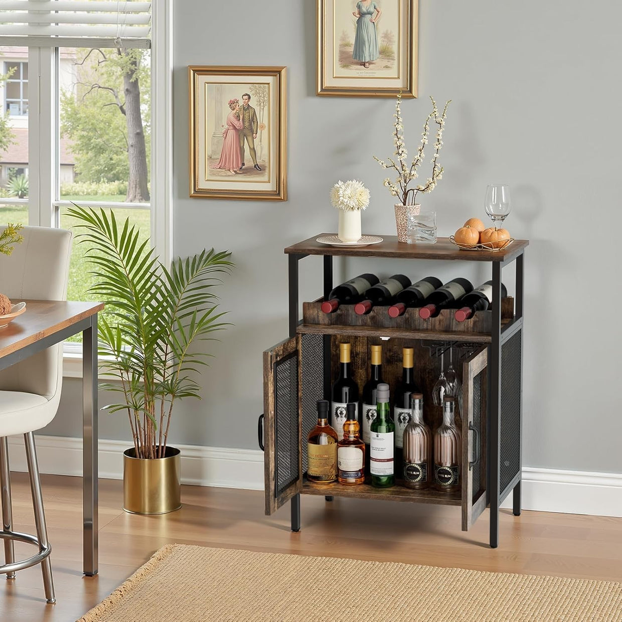 Industrial Wine Bar Cabinet with Doors Wine Rack & Hanging Glass Holder - Kwikley
